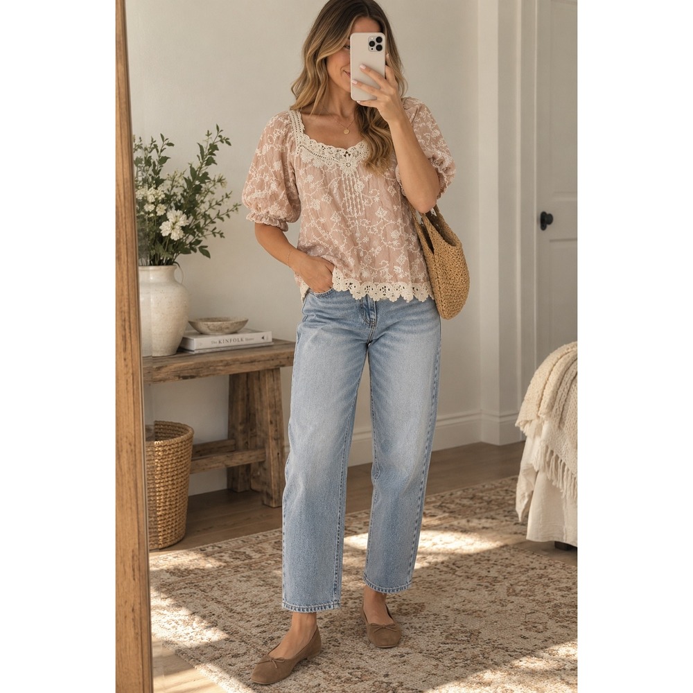 Democracy Embroidered Lace Trim Blouse Blush Pink M